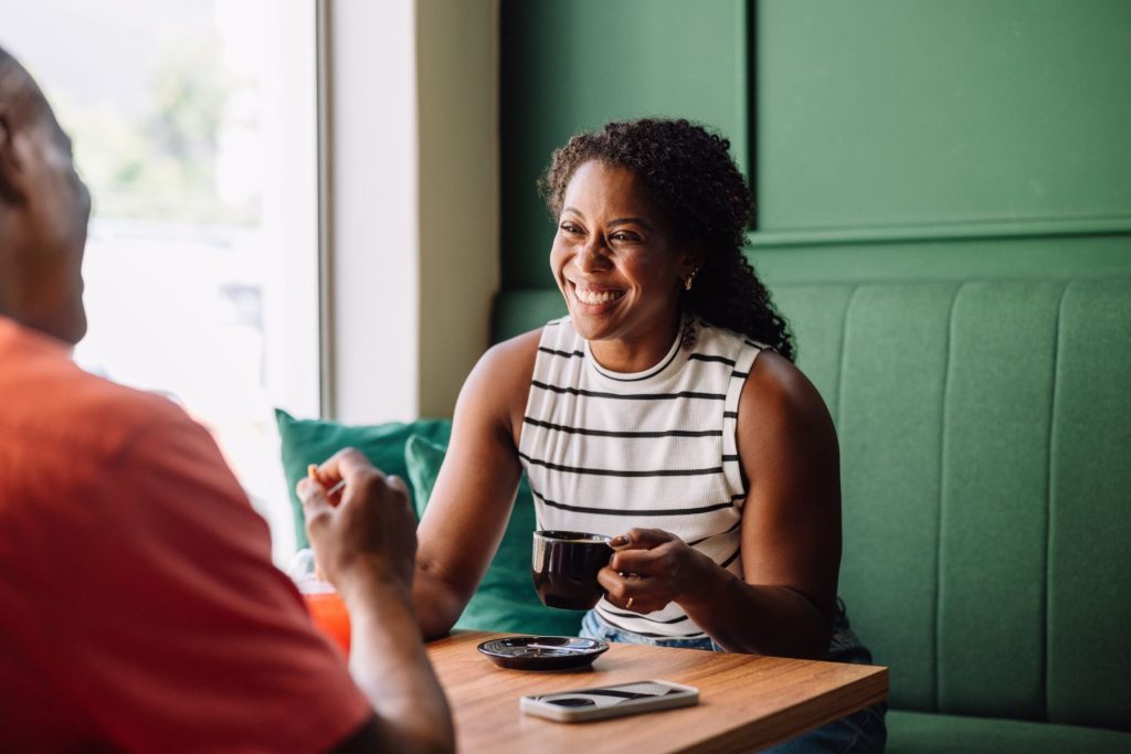 happy couple at a cafe